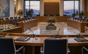 Νέα Ιωνία: 41 θέματα στο Δημοτικό Συμβούλιο της 14ης Σεπτεμβρίου Αίθουσα δημοτικού συμβουλίου με φακέλους ημερήσιας διάταξης και κενές θέσεις
