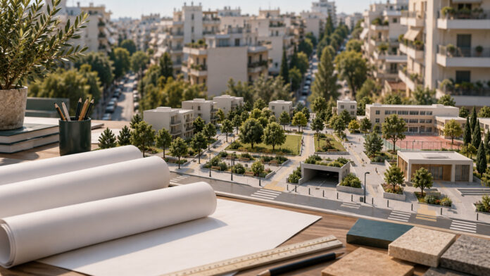 Μακέτα αστικής ανάπλασης με πλατεία, σχολείο και χώρους πρασίνου σε αθηναϊκή γειτονιά