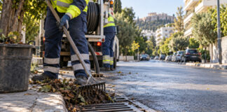 Νέα Ιωνία: Διαγωνισμός 100.000 ευρώ για φρεάτια και δίκτυα ομβρίων Συνεργείο καθαρίζει φρεάτιο ομβρίων σε δενδροφυτεμένο αστικό δρόμο