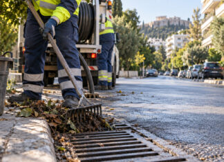 Νέα Ιωνία: Διαγωνισμός 100.000 ευρώ για φρεάτια και δίκτυα ομβρίων Συνεργείο καθαρίζει φρεάτιο ομβρίων σε δενδροφυτεμένο αστικό δρόμο
