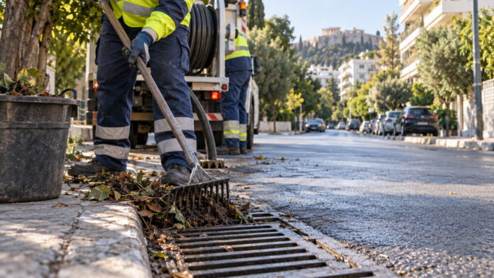 Συνεργείο καθαρίζει φρεάτιο ομβρίων σε δενδροφυτεμένο αστικό δρόμο