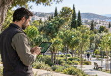 Νέα Ιωνία: Βράβευση για την ψηφιακή καταγραφή του αστικού πρασίνου Εργαζόμενος χρησιμοποιεί tablet δίπλα σε αστικό πάρκο για την καταγραφή του πρασίνου
