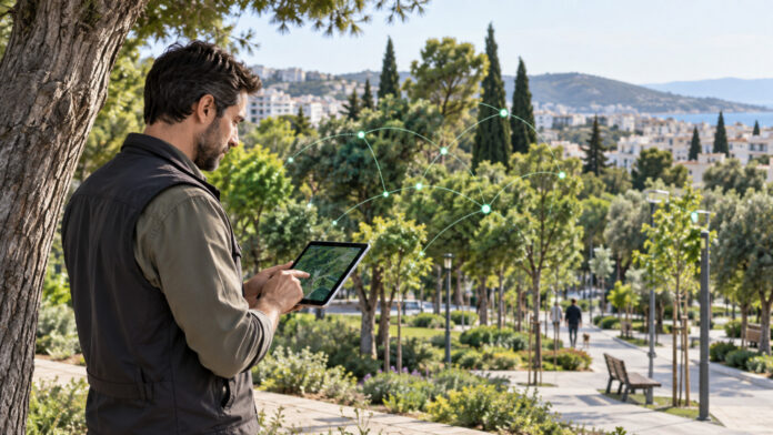 Εργαζόμενος χρησιμοποιεί tablet δίπλα σε αστικό πάρκο για την καταγραφή του πρασίνου