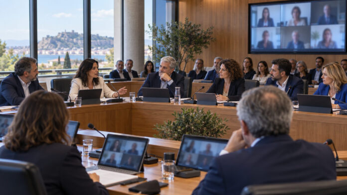 Αίθουσα δημοτικού συμβουλίου κατά τη διάρκεια συνεδρίασης λογοδοσίας με τηλεδιάσκεψη