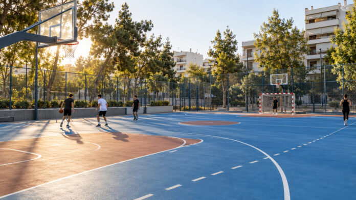 Ανακαινισμένο ανοιχτό γήπεδο μπάσκετ και χειροσφαίρισης σε αστική γειτονιά