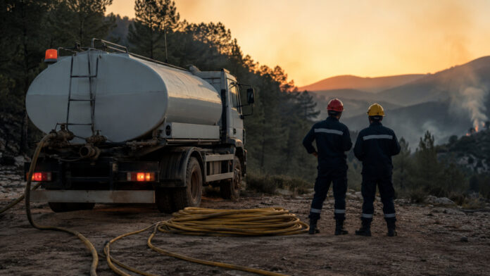 Υδροφόρα και προσωπικό πολιτικής προστασίας σε δασική περιοχή