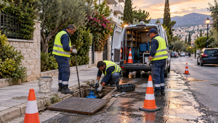 Συνεργείο ύδρευσης εργάζεται σε αγωγό κατοικημένης περιοχής με κώνους ασφαλείας