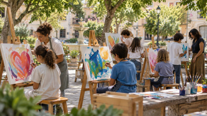 Παιδιά ζωγραφίζουν σε καβαλέτα σε ανοιχτό δημιουργικό εργαστήρι σε πλατεία