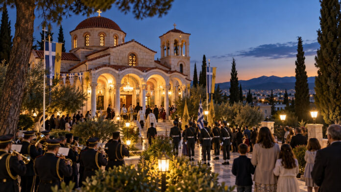 Εορταστική συγκέντρωση έξω από ορθόδοξο ναό με φιλαρμονική και τιμητικό άγημα