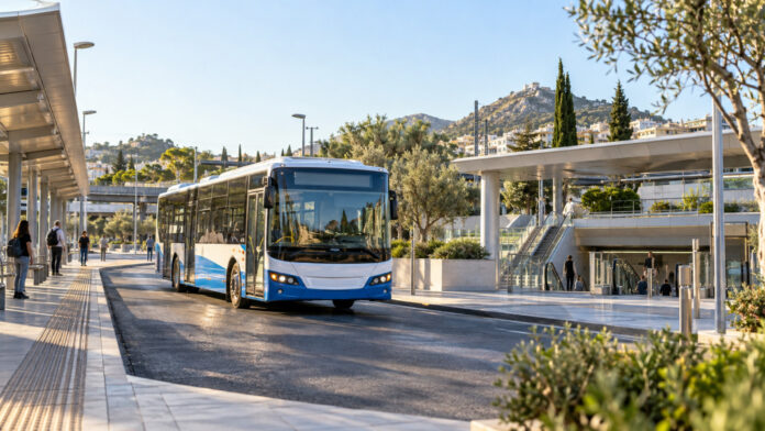 Σύγχρονο αστικό λεωφορείο σε σταθμό μετεπιβίβασης στην Αττική