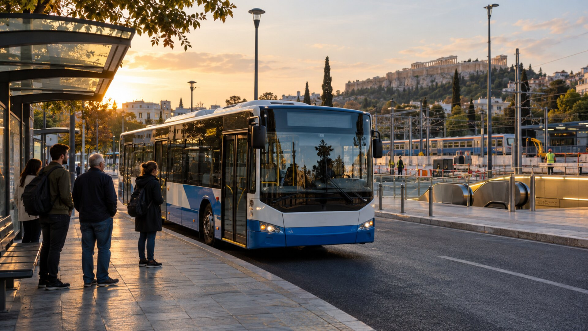 Αστικό λεωφορείο σε στάση κοντά σε σταθμό μετρό της Αθήνας