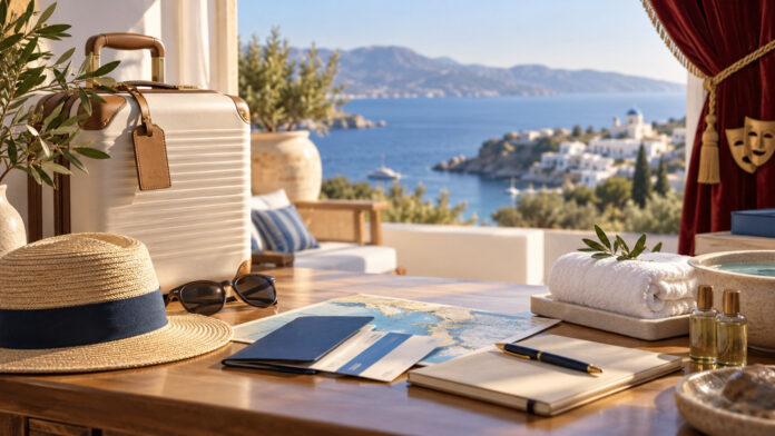 Βαλίτσα, ταξιδιωτικά αντικείμενα και στοιχεία ευεξίας με φόντο ελληνικό προορισμό