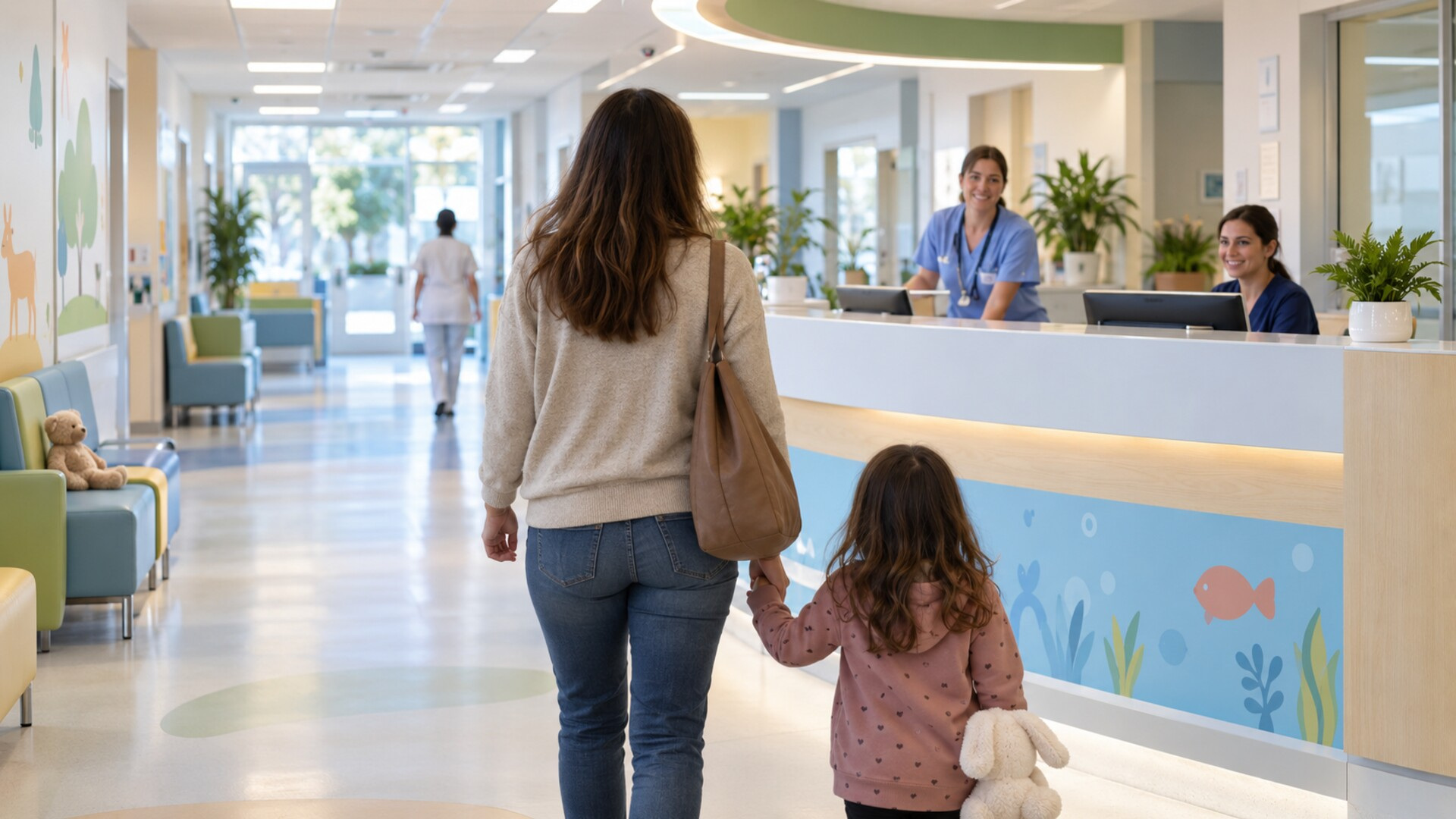 Γονέας με παιδί κατευθύνονται προς τη γραμματεία παιδιατρικού νοσοκομείου