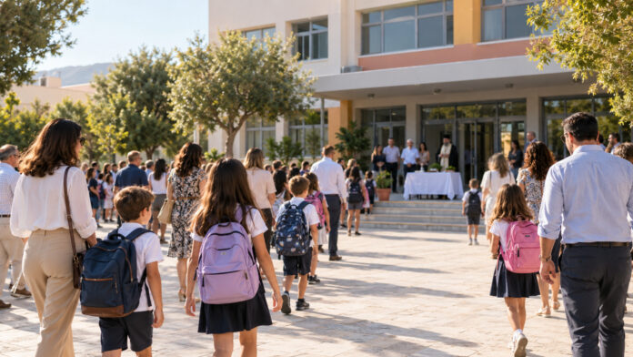 Μαθητές και γονείς συγκεντρώνονται σε σχολική αυλή για την έναρξη της χρονιάς