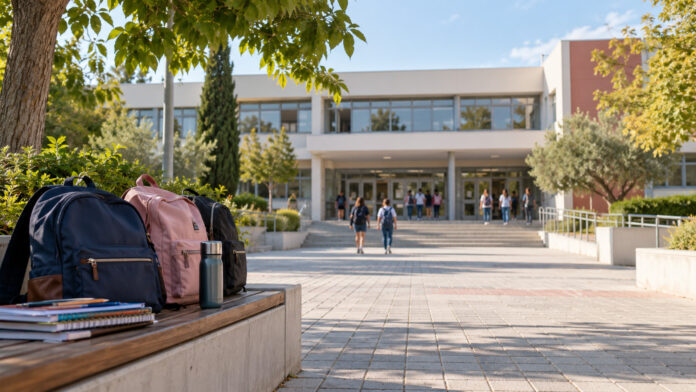Σχολικές τσάντες έξω από σχολείο πριν από την έναρξη της νέας σχολικής χρονιάς στον Δήμο Παπάγου–Χολαργού