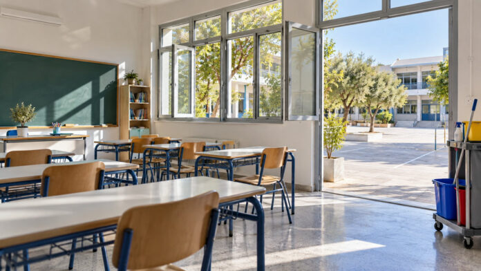 Καθαρή σχολική αίθουσα και προαύλιο έτοιμα για τη νέα σχολική χρονιά