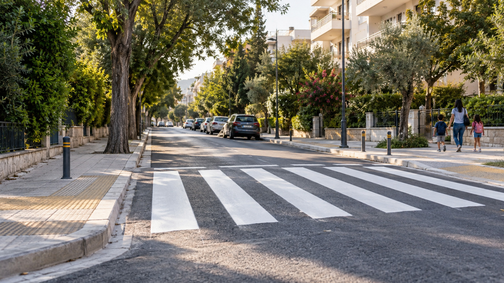 Φρεσκοβαμμένη διάβαση πεζών σε δενδροφυτεμένο προαστιακό δρόμο