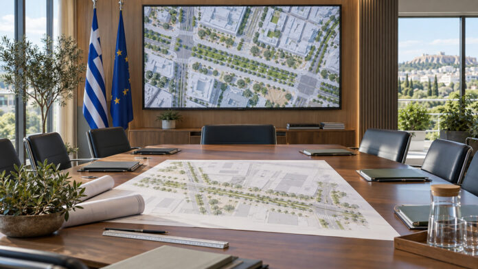 Αρχιτεκτονικά σχέδια αστικής ανάπλασης σε αίθουσα δημοτικής συνεδρίασης
