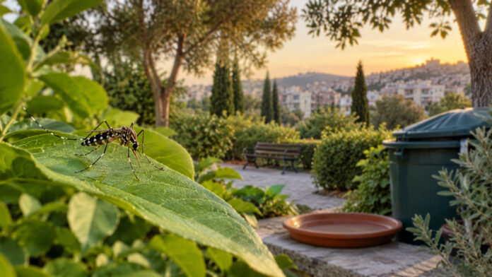 Κουνούπι πάνω σε φύλλο σε αστικό πάρκο με καλυμμένο δοχείο νερού στο βάθος