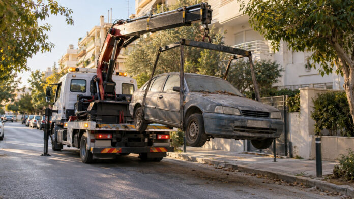 Γερανός απομάκρυνσης παραλαμβάνει εγκαταλελειμμένο όχημα από δημοτικό δρόμο