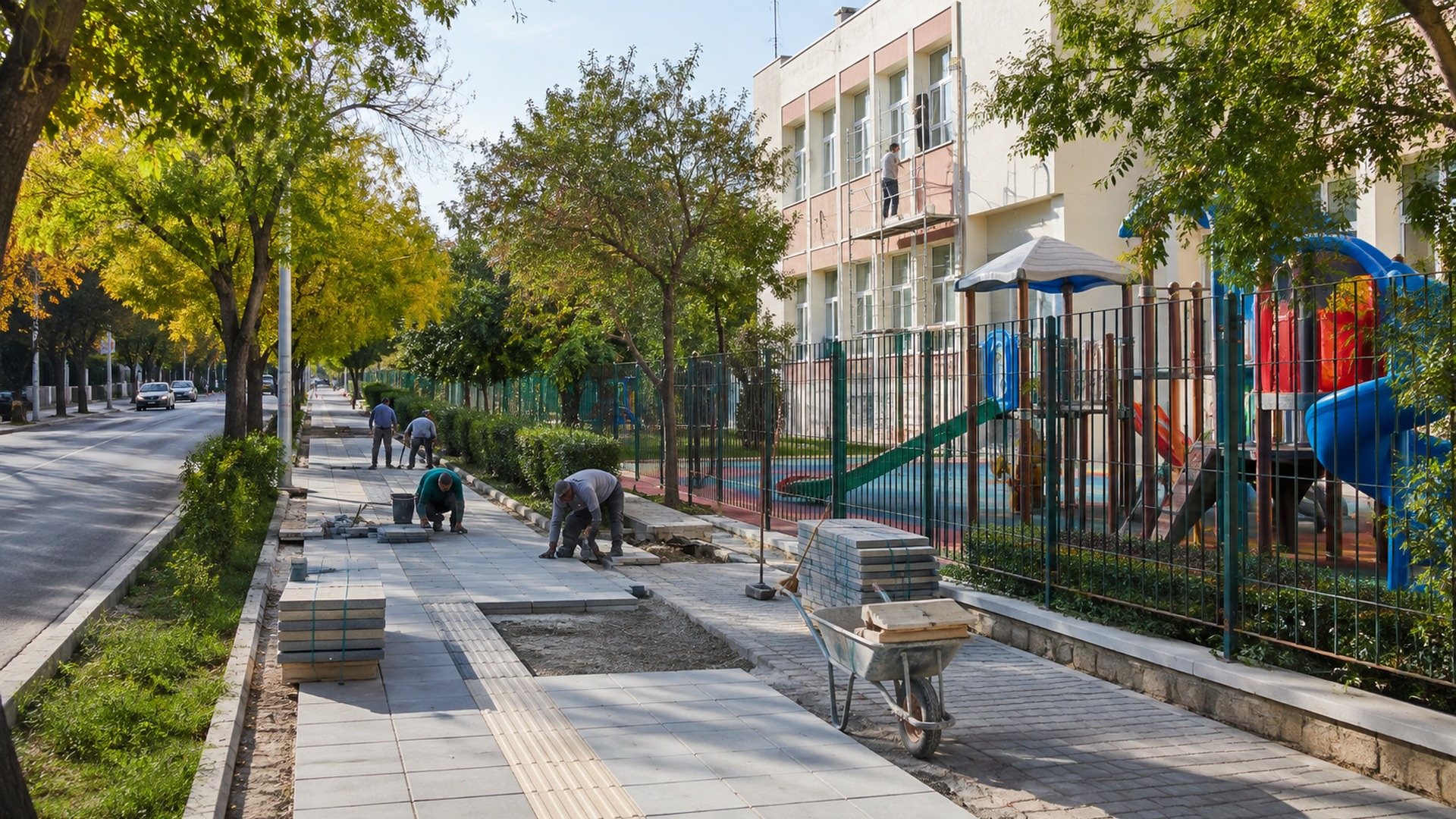 Εργασίες αναβάθμισης πεζοδρομίου δίπλα σε σχολείο και παιδική χαρά σε καταπράσινη αστική γειτονιά