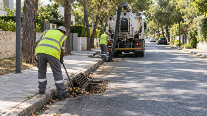Συνεργείο καθαρίζει φρεάτιο ομβρίων σε δενδροφυτεμένο δρόμο
