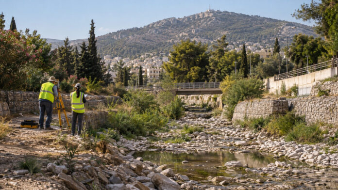 papagou-cholargos-rema-ilisos-20260915-1200-1920x1080-1 Φυσική κοίτη ρέματος στους πρόποδες του Υμηττού με μηχανικούς σε τοπογραφική αποτύπωση