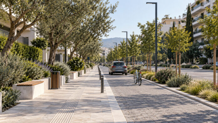 Βιοκλιματική ανάπλαση παραδρόμου με πεζόδρομο, πράσινο και ποδήλατο