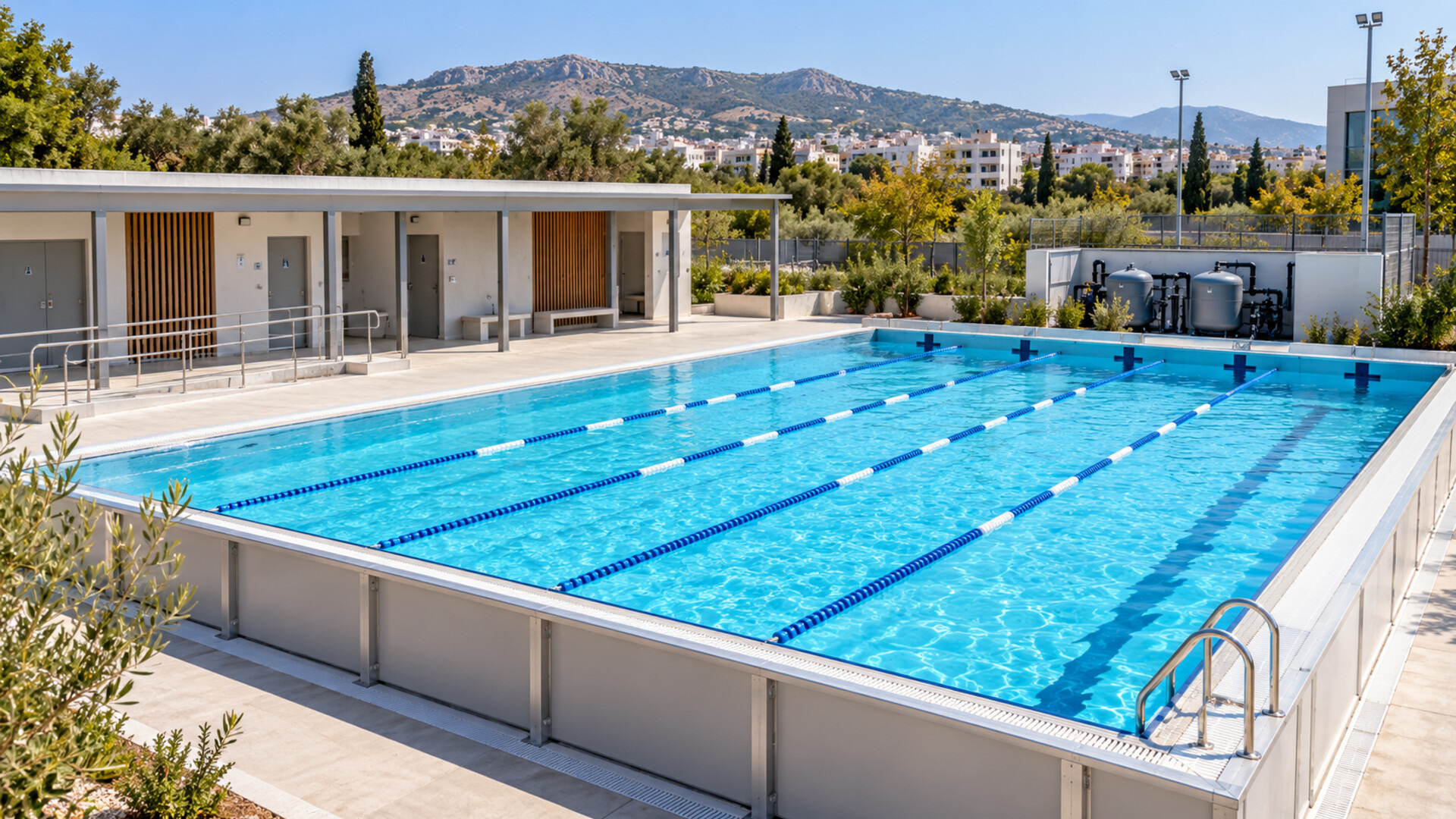 Σύγχρονη υπέργεια πισίνα πέντε διαδρομών σε αθλητικό κέντρο