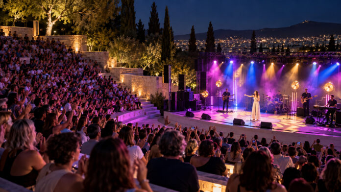 Βραδινή pop συναυλία σε υπαίθριο θέατρο με φωτισμένη σκηνή και κοινό