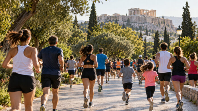 Δρομείς και παιδιά σε καταπράσινη διαδρομή αστικού πάρκου