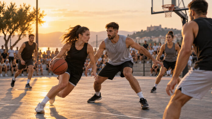 Αθλητές αγωνίζονται σε υπαίθριο γήπεδο μπάσκετ τριών εναντίον τριών