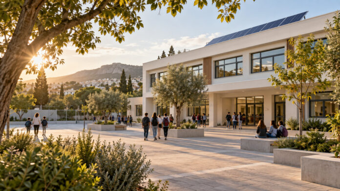 Σύγχρονο σχολικό κτίριο με φωτοβολταϊκά και πράσινη αυλή