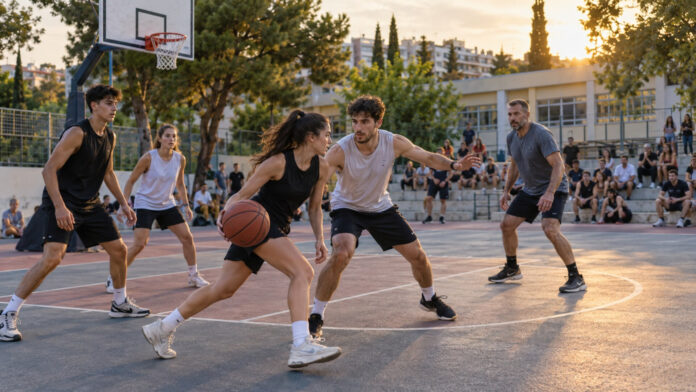 Ερασιτέχνες αθλητές παίζουν μπάσκετ 3×3 σε υπαίθριο γήπεδο