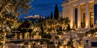 Πεντέλη: Επετειακή βραδιά για 40 χρόνια προσφοράς στα παιδιά Βραδινός χώρος εκδήλωσης με πιάνο και φωτισμένο κήπο