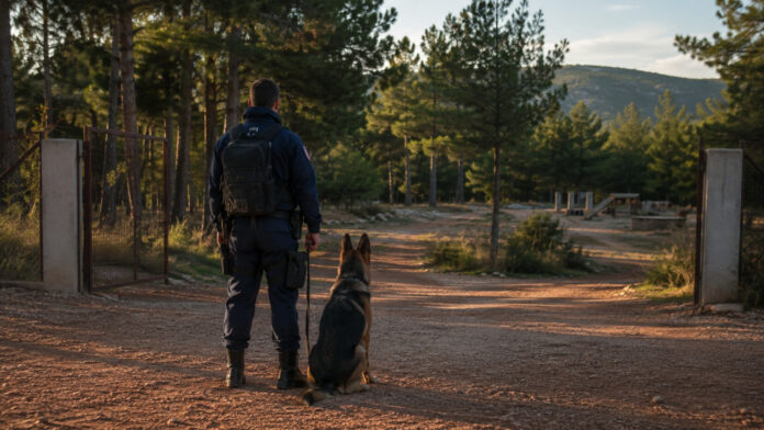 Εκπαιδευτής με σκύλο έρευνας και διάσωσης σε δασικό χώρο εκπαίδευσης