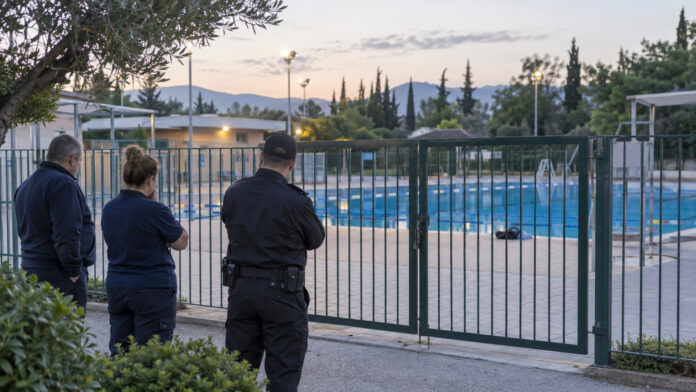 Κλειστή είσοδος δημοτικού κολυμβητηρίου ενώ προσωπικό εξετάζει τον χώρο