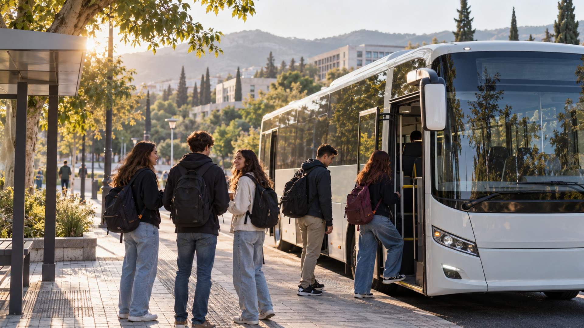 Φοιτητές με σακίδια επιβιβάζονται σε δημοτικό λεωφορείο σε προαστιακή στάση