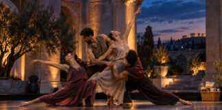 Πεντέλη: Χοροθέατρο «The Outsiders» με δράση αλληλεγγύης για πυρόπληκτους Τέσσερις χορευτές σε σκηνή υπαίθριου θεάτρου με φωτισμό βραδινής παράστασης