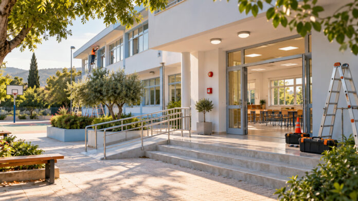 Αναβαθμισμένο σχολικό κτίριο με προσβάσιμη ράμπα και εργασίες συντήρησης