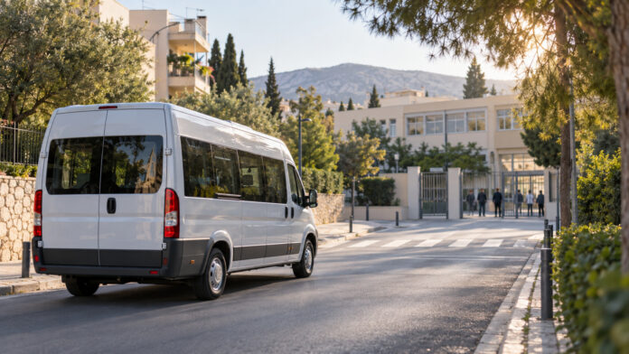 Σχολικό λεωφορείο κατευθύνεται προς δημόσιο σχολείο σε πράσινη γειτονιά της βόρειας Αθήνας