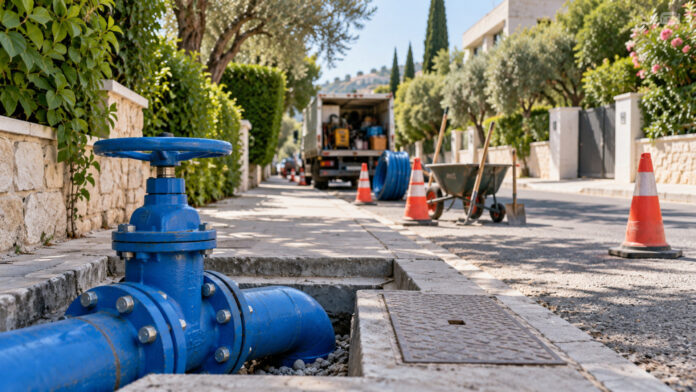 Μπλε δικλείδα ύδρευσης και εξοπλισμός τεχνικής επέμβασης σε δενδροφυτεμένο δρόμο