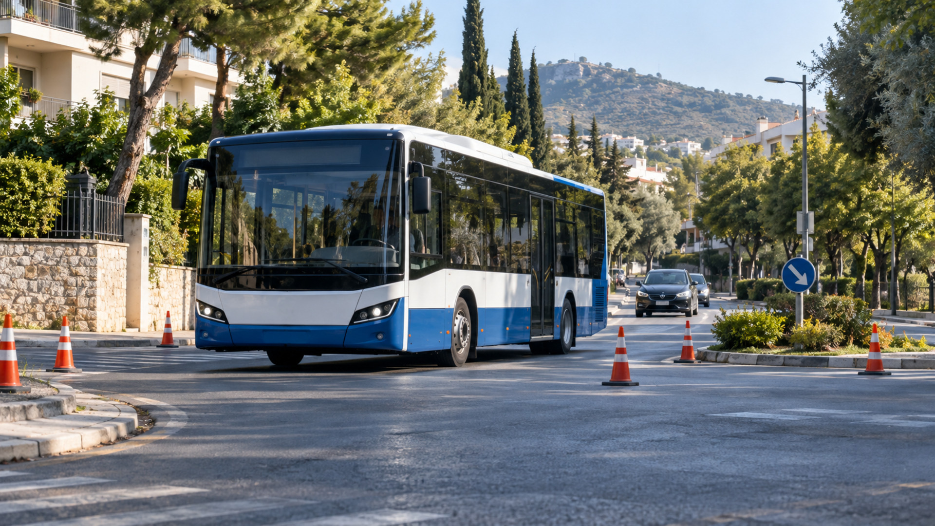 Αστικό λεωφορείο σε δενδροφυτεμένο δρόμο του Ψυχικού με προσωρινές κυκλοφοριακές ρυθμίσεις
