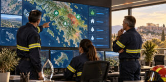 Πυροσβεστικό Σώμα: Βραβείο για την ψηφιακή πλατφόρμα καθαρισμού οικοπέδων Πυροσβέστες εξετάζουν ψηφιακά δεδομένα πολιτικής προστασίας σε αίθουσα επιχειρήσεων