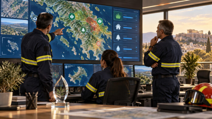 Πυροσβέστες εξετάζουν ψηφιακά δεδομένα πολιτικής προστασίας σε αίθουσα επιχειρήσεων