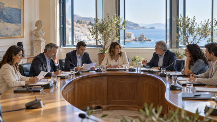 Συνεδρίαση δημοτικής επιτροπής σε φωτεινή αίθουσα με ξύλινο τραπέζι και φακέλους