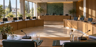 Βριλήσσια: Δημοτικό Συμβούλιο στις 16 Σεπτεμβρίου με 13 θέματα Αίθουσα δημοτικού συμβουλίου με έδρανα και μικρόφωνα