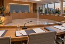 Βριλήσσια: Εκπαίδευση, παιδικοί σταθμοί και κυκλοφορία στο Δημοτικό Συμβούλιο Σύγχρονη αίθουσα δημοτικού συμβουλίου με μικρόφωνα και έγγραφα πριν από συνεδρίαση