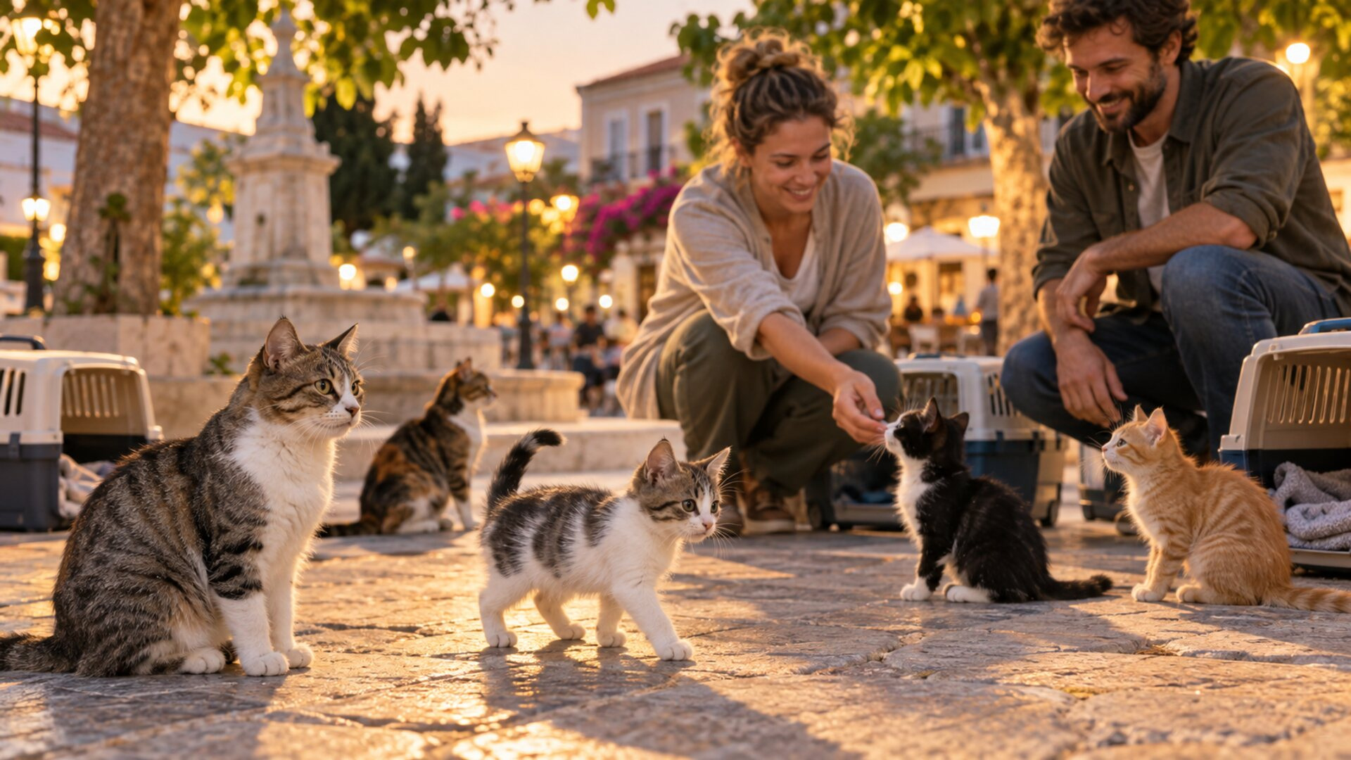 Γάτες και γατάκια σε υπαίθρια δράση γνωριμίας με εθελοντές σε πλατεία