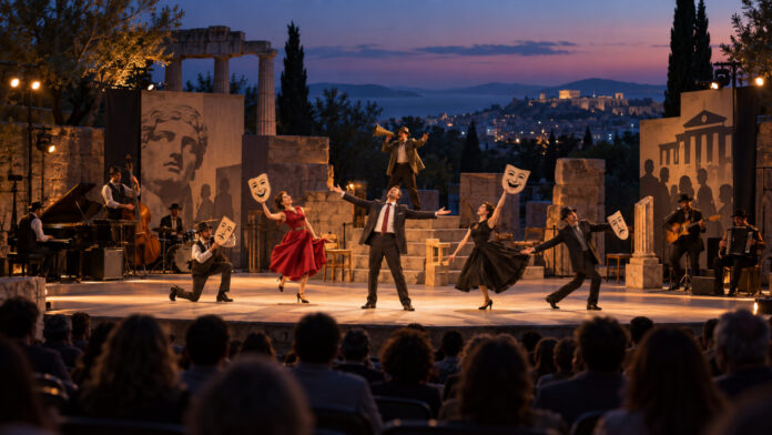 Θεατρική σκηνή πολιτικής σάτιρας με πολυμελή θίασο και ζωντανούς μουσικούς